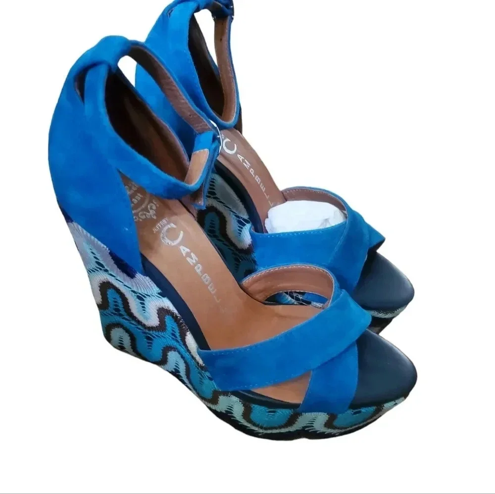 JEFFREY CAMPBELL BLUE CROCHET WEDGE PLATFORM SANDALS, SIZE 7.5